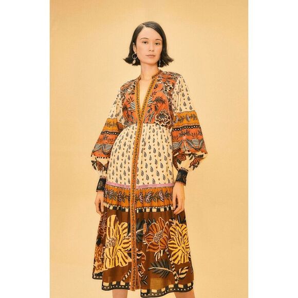 FARM Rio Dresses & Skirts - Farm Rio Beige Ainika Floral V Neck Midi Dress Small NEW